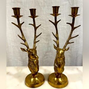 Pair Of Vintage Metal Brass Deer Stag Elk Candle Holder Candelabras Candlesticks